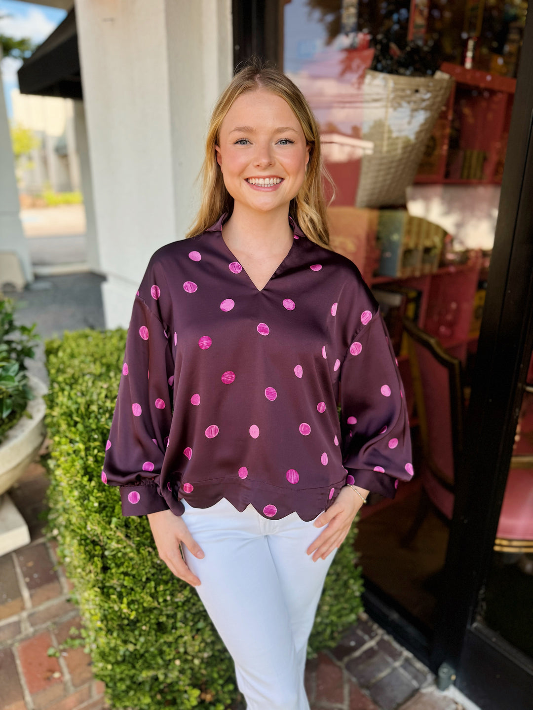 Lavina Dot Print Puff Sleeve Top