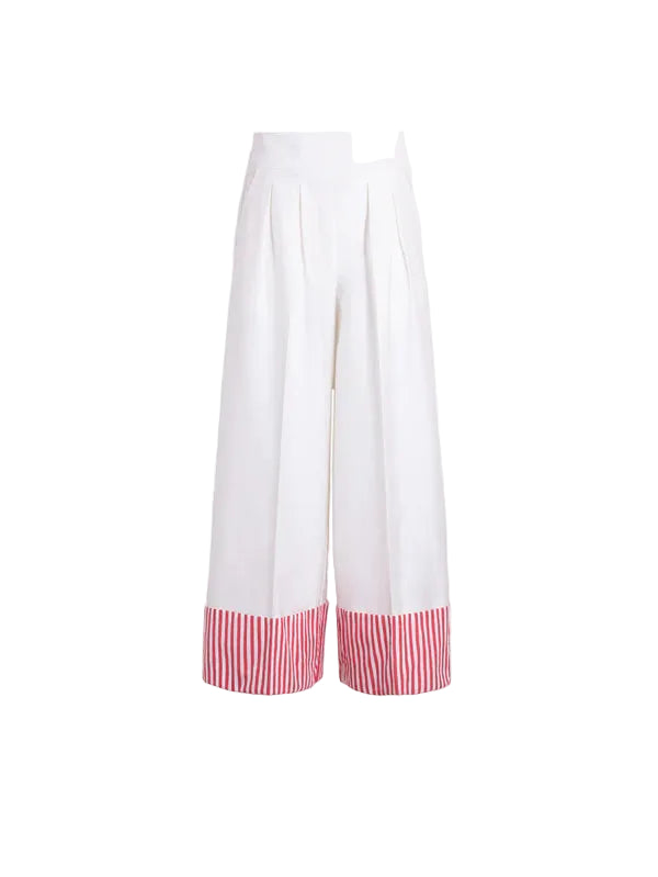 Elevate your everyday style with these crisp white trousers that mean business—until those playful striped cuffs peek out and steal the show. Perfect for mixing polished professionalism with a dash of personality, they&