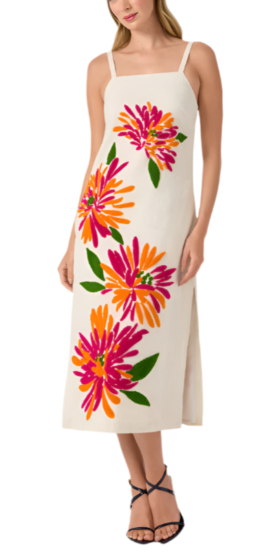 This charming floral embroidered dress is made of lightweight cotton voile and finished with moss stitch embellishment. The cami neckline and relaxed fit make this dress an effortless style for all your summer activities. It is finished with a side slit, adjustable straps, and side seam pockets.

Midi Length
Cami Neckline
Sleeveless
Adjustable Spaghetti Straps
Side Seam Pockets
Side Seam Invisible Zip With Hook And Eye Closure
Side Slit At Hem
Fully Lined
