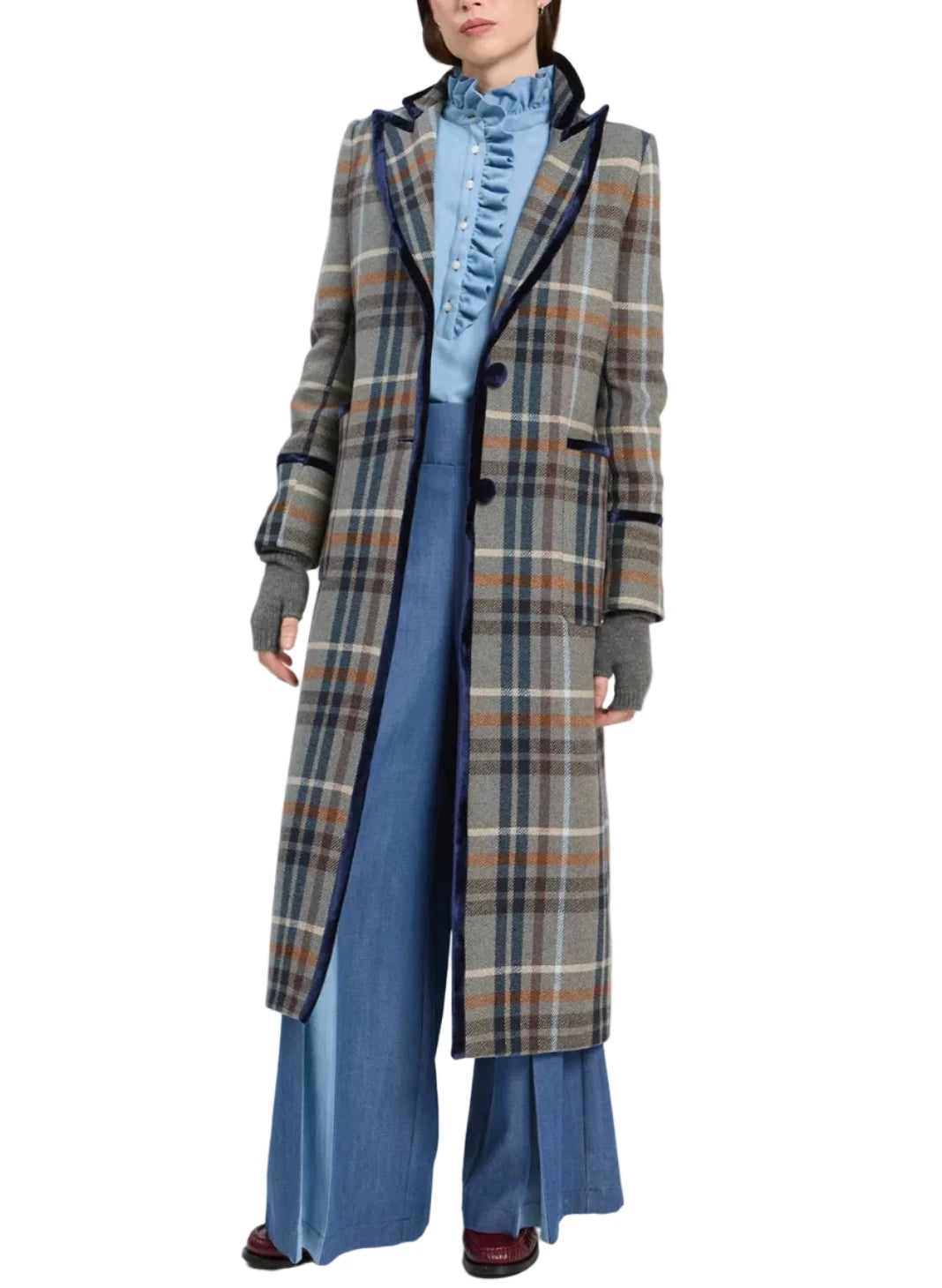 Blue/Camel Plaid Long Coat by Vilagallo
