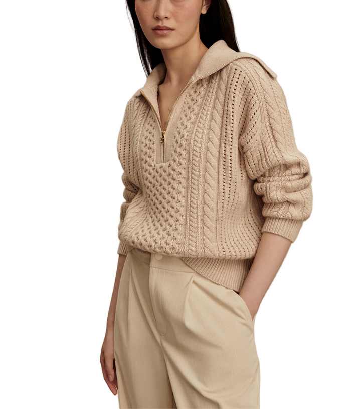 The perfect pairing for tailored pants, the Camello 2.0 is an elegant half-zip sweat made from an updated luxurious wool-blend for both warmth and style. The classic placement cable stitch and signature oversized collar elevate the design.