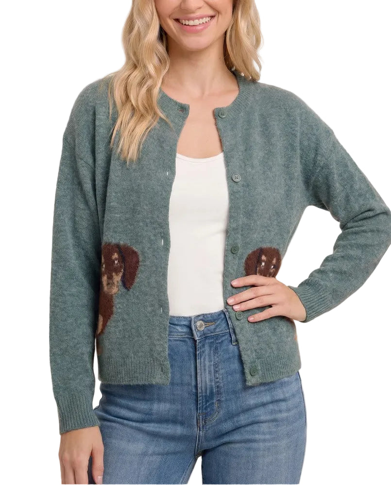Dog Crew Neck Button Down Cardigan