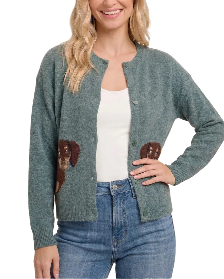 Dog Crew Neck Button Down Cardigan