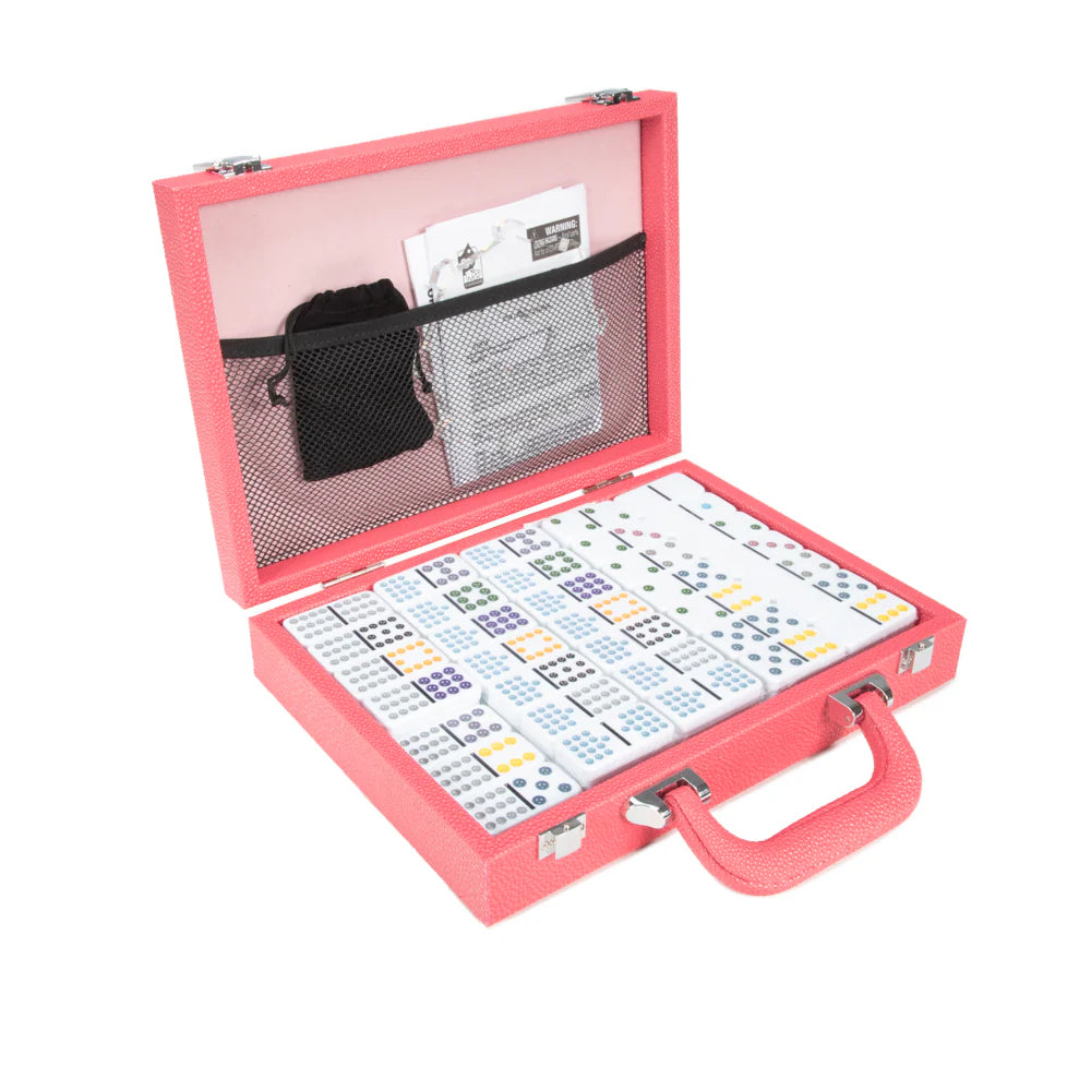 Make it a game night with The Mexican Train Dominoes Set.
This fun and classic domino matching game comes in a stylish vegan leather case lined in velvet, 136 colored dominoes, 9 trains, acrylic or wood hub, scorecard and instructions.
