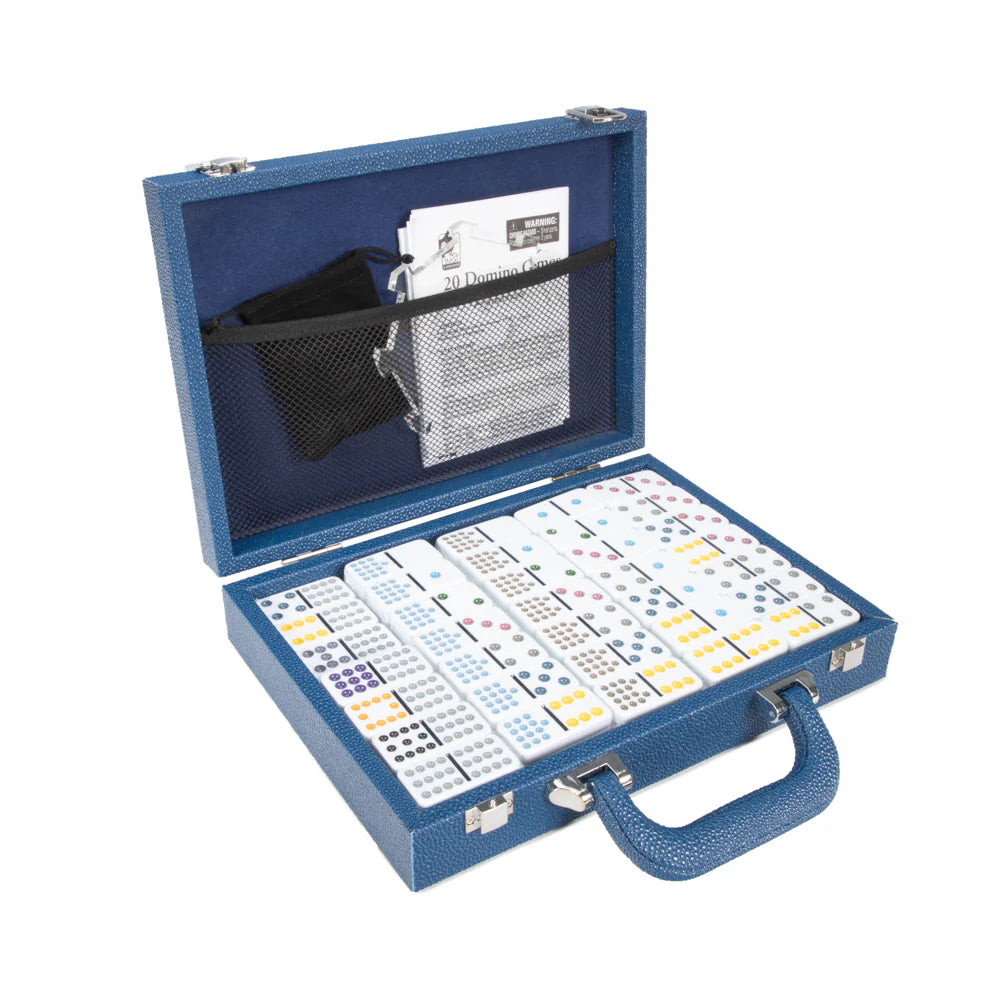 Make it a game night with The Mexican Train Dominoes Set.
This fun and classic domino matching game comes in a stylish vegan leather case lined in velvet, 136 colored dominoes, 9 trains, acrylic or wood hub, scorecard and instructions.