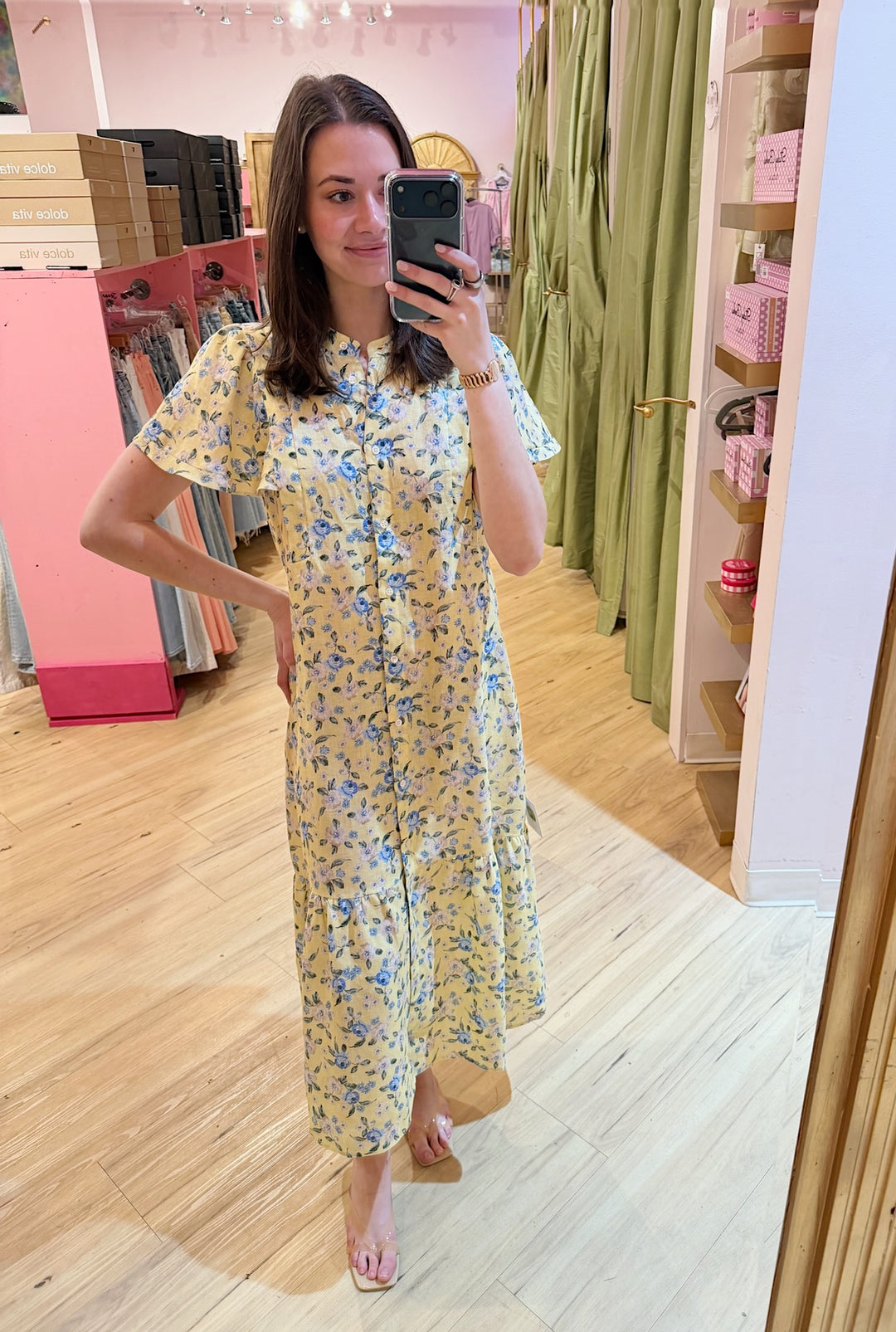 Willow Linen Dress in Francesca Print - Pickering Boxwood