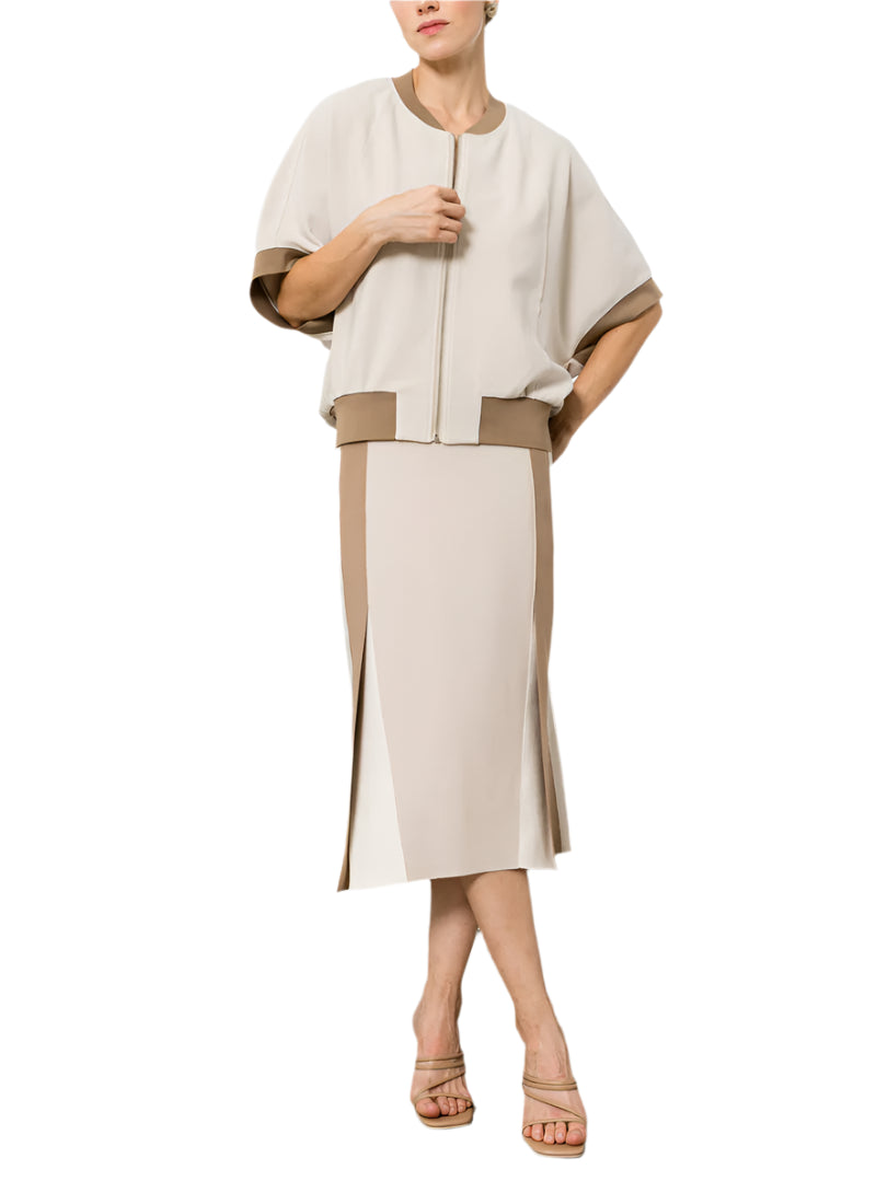 Live in style with our Katy Zipper Jacket. A sleek jacket made with high quality stretch matte crepe knit. Zipper closure. Elastic waist. Half sleeves. Comfort and stylish. Easy relax fit. 