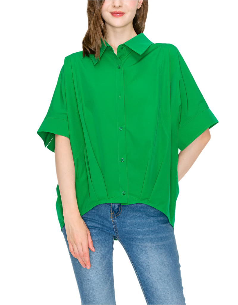 The Jerra Top. Casual everyday blouse made with high quality woven stretch parachute. Loose fitting. Half sleeve. Button up. Collar. Cinch at waist. Small pleat detail. Easy relax fit. Stylist and comfort.