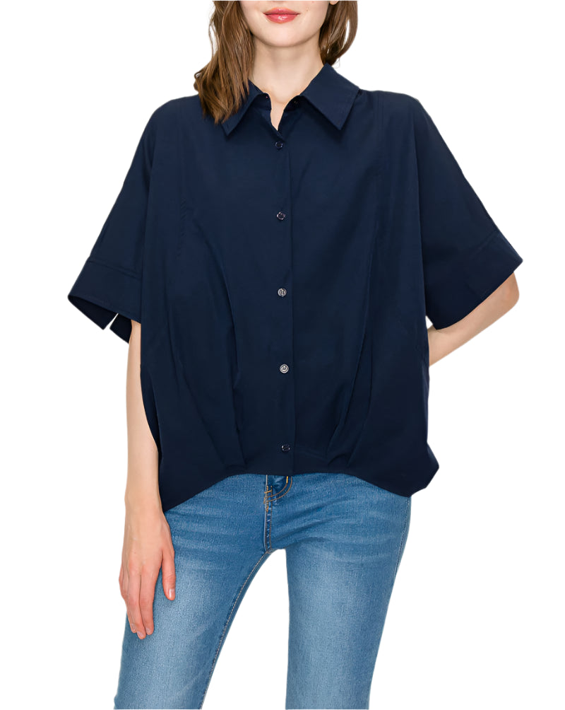 The Jerra Top. Casual everyday blouse made with high quality woven stretch parachute. Loose fitting. Half sleeve. Button up. Collar. Cinch at waist. Small pleat detail. Easy relax fit. Stylist and comfort.
