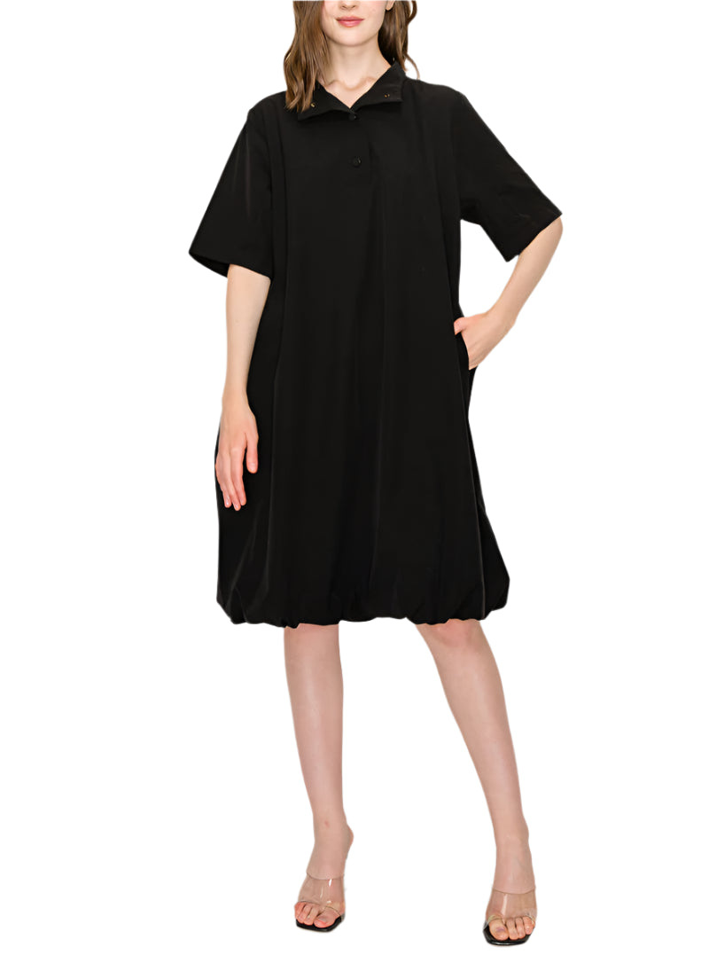 The Joella Woven Dress. Chic comfortable knee length dress made with high quality woven stretch parachute. Half sleeve. Bubble hem. Collar. Can be button up to top to create turtleneck style. Easy relax fit. Stylist and comfort