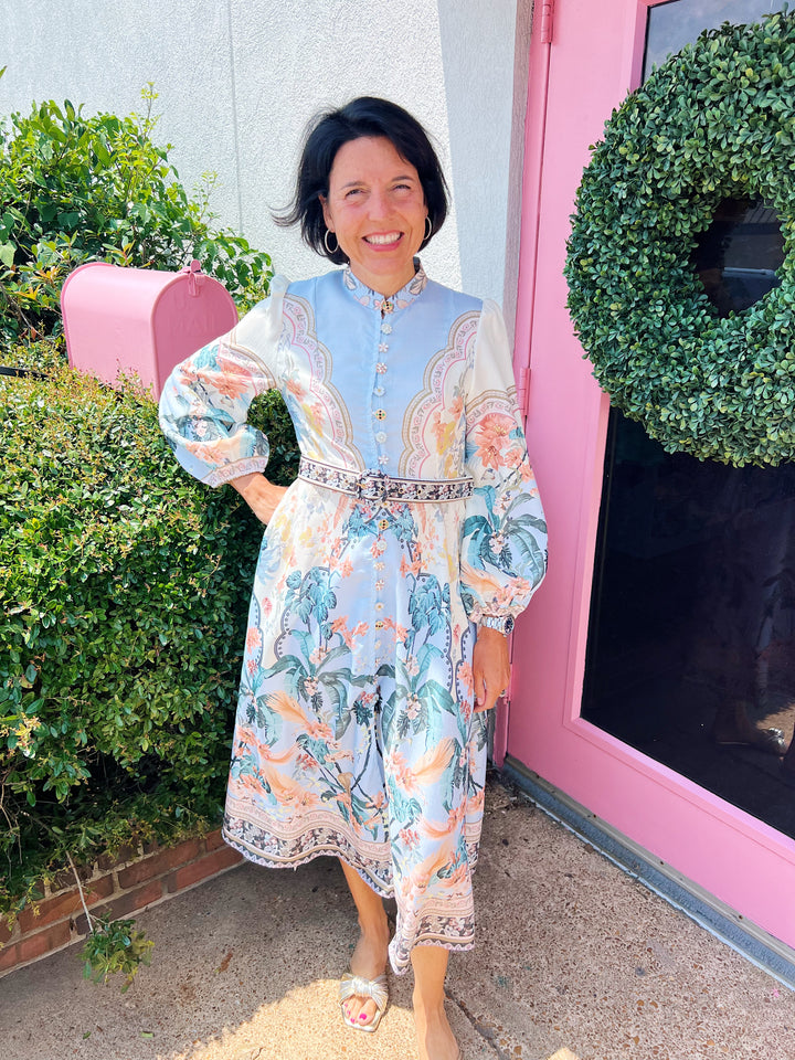 Maddie Midi Dress in Apricot/Blue