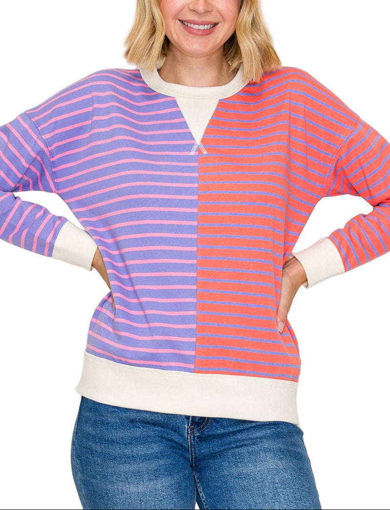 Stay cozy and stylish in the Demelaz color trimmed stripe sweatshirt. With vibrant stripes adding a fun pop of color, this playful sweatshirt brings a fresh twist to your casual wardrobe. Perfect for layering or lounging, its comfortable fit keeps you warm while showcasing your bold, cheerful side. Embrace effortless cool and brighten your day with this lively essential.