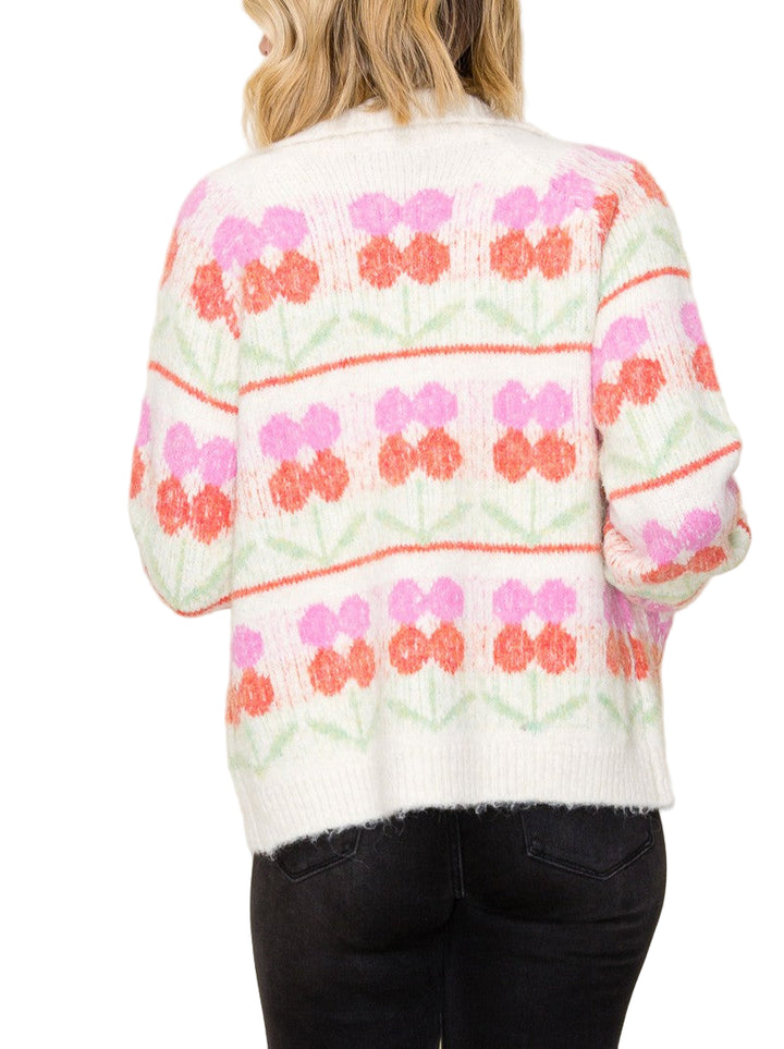 Add a burst of cheerful charm to your wardrobe with the Lauren Flower Cardigan. This playful sweater features a chunky flower jacquard pattern and a cozy collared neckline, blending comfort with fun flair. Perfect for brightening up cool days while keeping you snug and stylish.