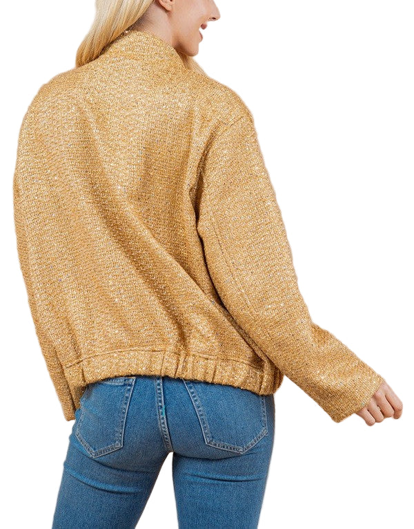 A cute sequin textured jacket will be great for any casual occasion.