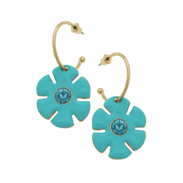 Donna Rhinestone Enamel Flower Drop Hoop Earrings