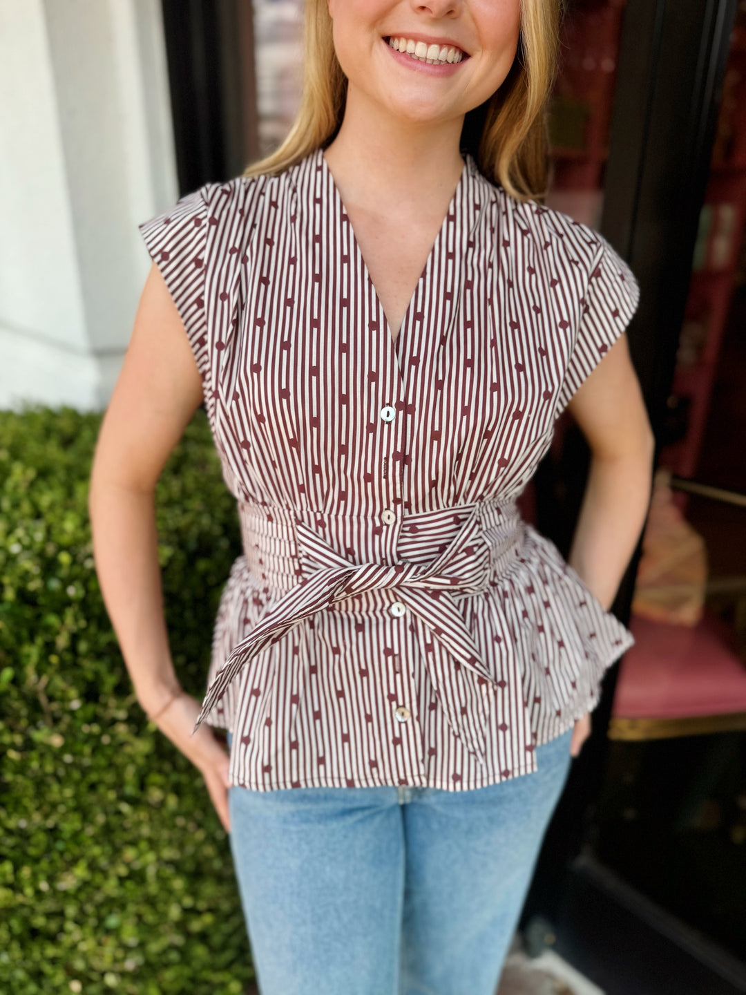 Zoe Stripe Print V-Neck Top