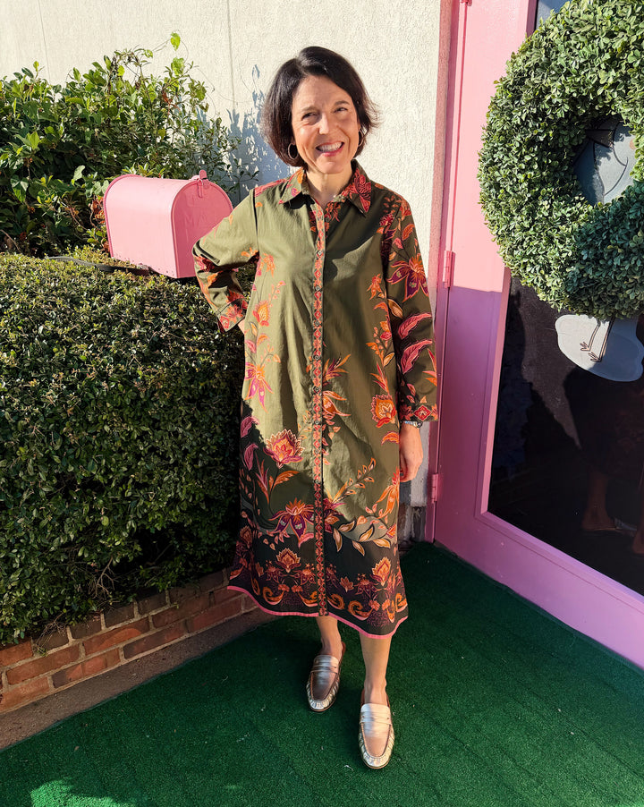 Eliza Midi Dress in Olive Trails