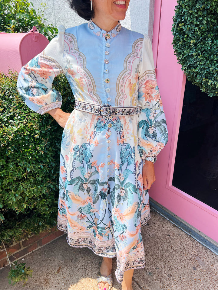 Maddie Midi Dress in Apricot/Blue