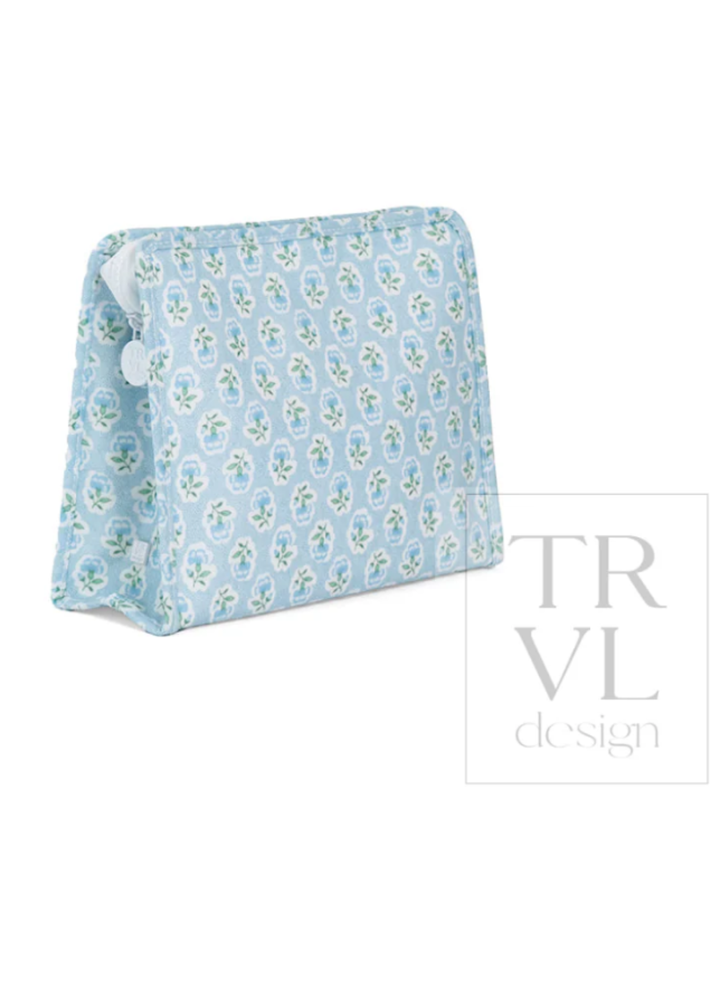 Light blue pouch with floral pattern on a white background, featuring the brand &