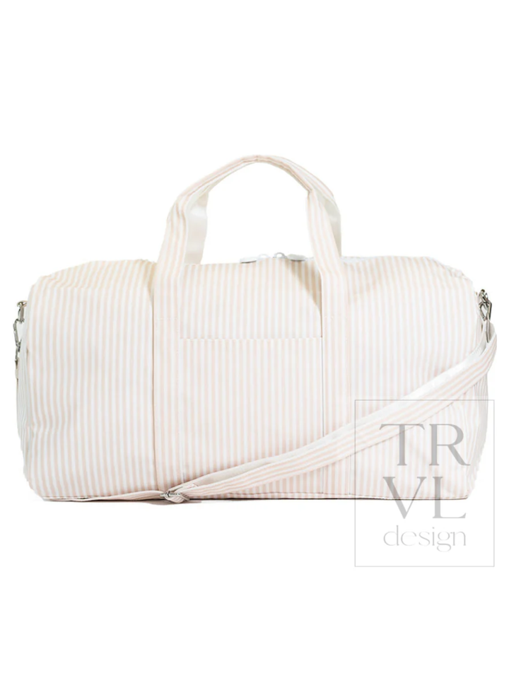White textured duffel bag with a visible brand logo on a white background