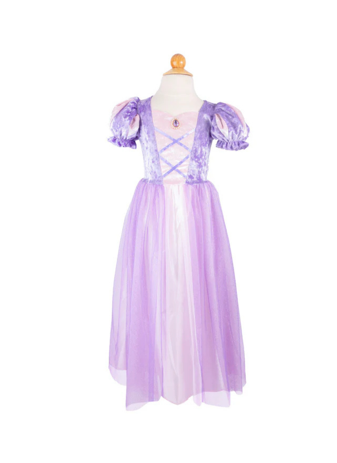 Unleash the magic of a fairy tale with the&amp;nbsp;Velvety Soft Once Upon a Tower Princess Dress, inspired by the enchanting Rapunzel! The dress features a beautiful purple crushed velvet top, offering a luxurious and velvety feel. The puffed, Rapunzel-like sleeves and corset-style chest create a stunning, regal look, while the sweetheart neckline is adorned with a sparkling gem at the center for an extra touch of elegance.

The full-length skirt is made with layers of soft tulle, adding volume and a dreamy, t