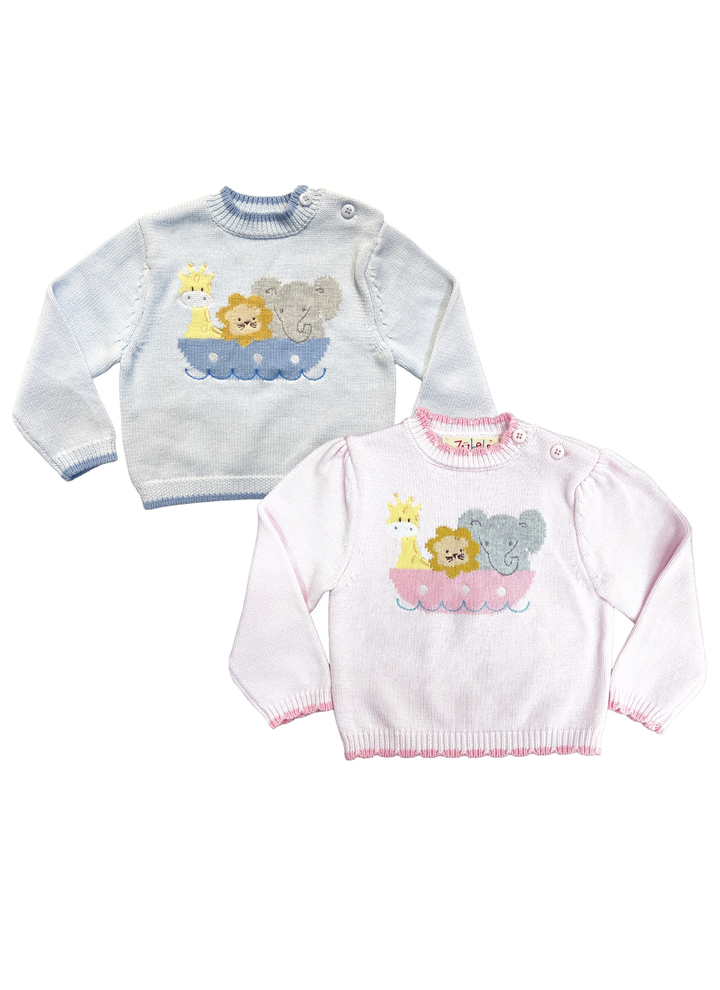Two baby knit sweaters with animal graphics, one in light blue and one in light pink, displayed on a white background.