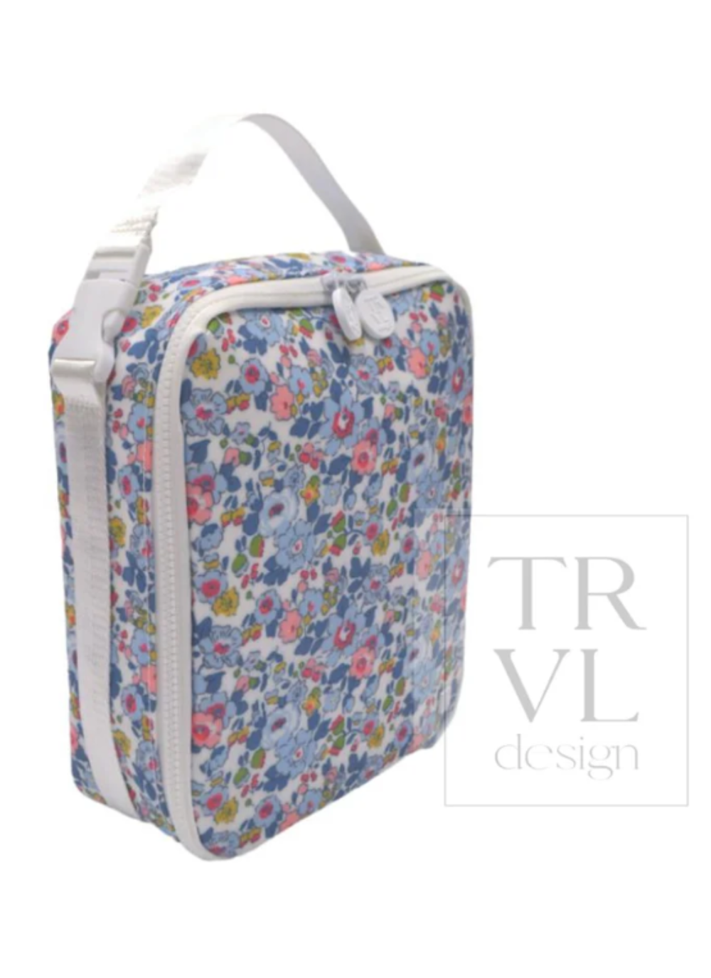 Floral-patterned travel bag with white zippers on a white background, featuring the brand 'TRVL design'.