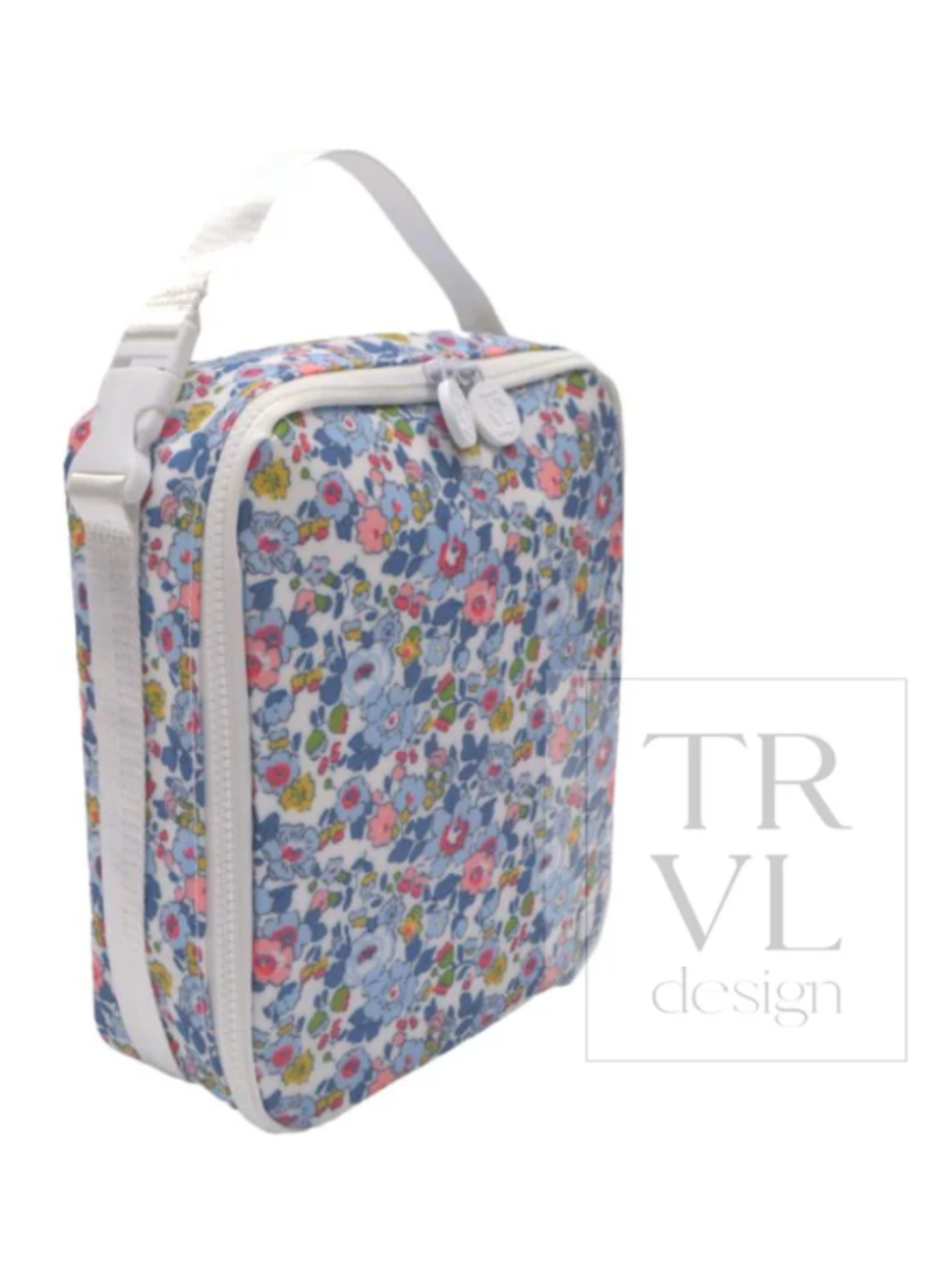 Floral-patterned travel bag with white zippers on a white background, featuring the brand &