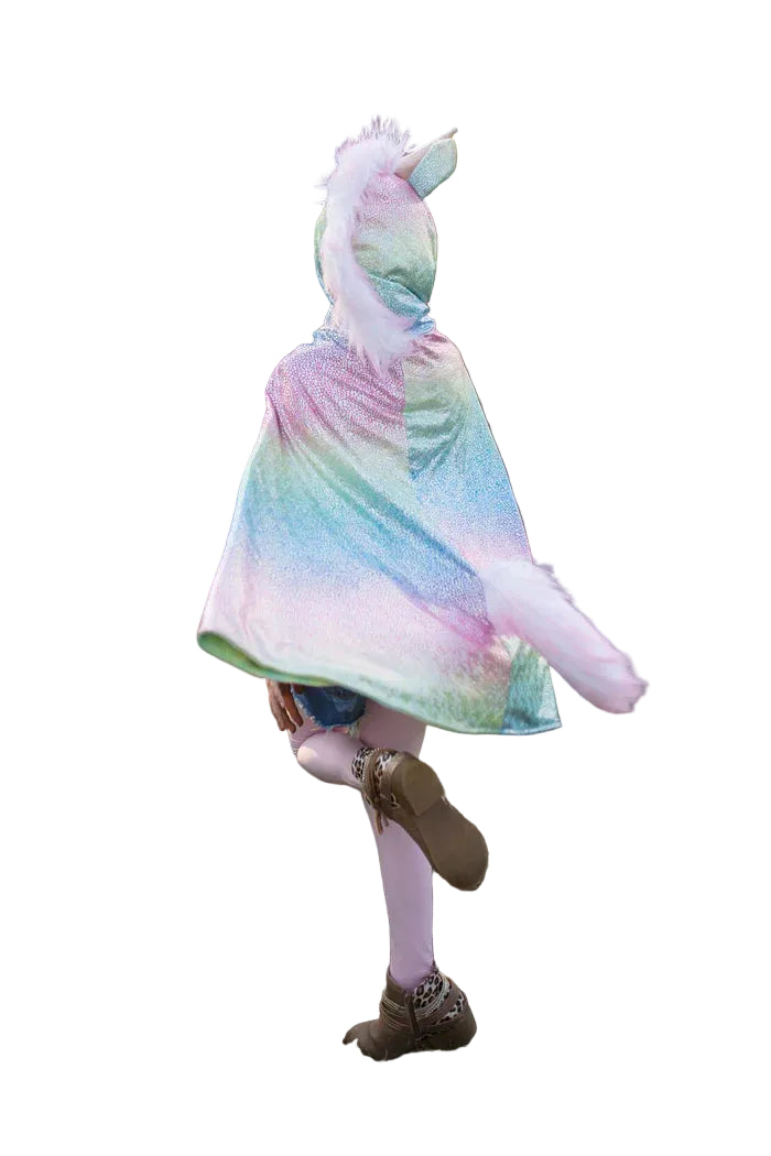 Introducing the reversible unicorn dragon of your dreams! With one side featuring a beautiful pastel rainbow unicorn and the other side featuring a fierce pastel dragon, your little one will be the talk of the town! Made with a sparkly pastel pink, purple, blue and green fabric, your child can choose between a fuzzy unicorn or our traditional embossed, crushed velvet fabric with stuffed metallic dragon horns all the way down the back. This cape will make all of your dreams come true!
