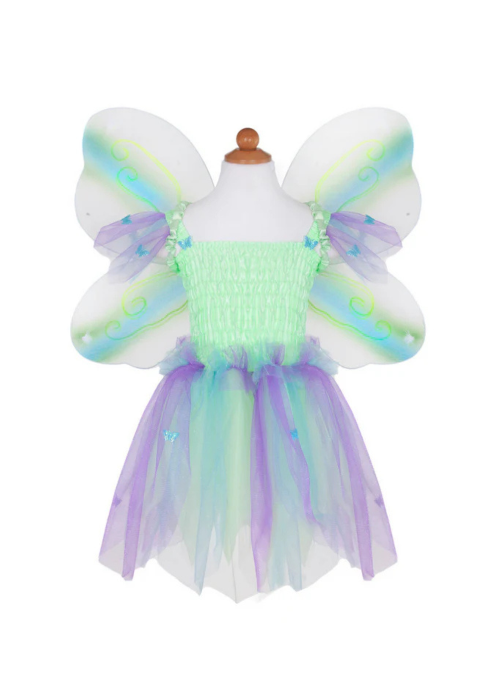 Great Pretenders™ Butterfly Dress, Wings, and Wand 3-pc Set. This beautiful dress, wings, and wand set will transform all little fairies to a wonderful land of fantasy and imagination. The bodice is fully ruched satin and provides comfort and size flexibility. The skirt features layers of sparkly petals adorned with iridescent butterflies and is fully lined. Adorable 4-pc wings are very comfortable to wear because they come with satin covered elasticized straps. A matching wand completes the look to work th