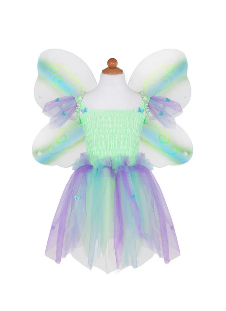 Great Pretenders™ Butterfly Dress, Wings, and Wand 3-pc Set. This beautiful dress, wings, and wand set will transform all little fairies to a wonderful land of fantasy and imagination. The bodice is fully ruched satin and provides comfort and size flexibility. The skirt features layers of sparkly petals adorned with iridescent butterflies and is fully lined. Adorable 4-pc wings are very comfortable to wear because they come with satin covered elasticized straps. A matching wand completes the look to work th