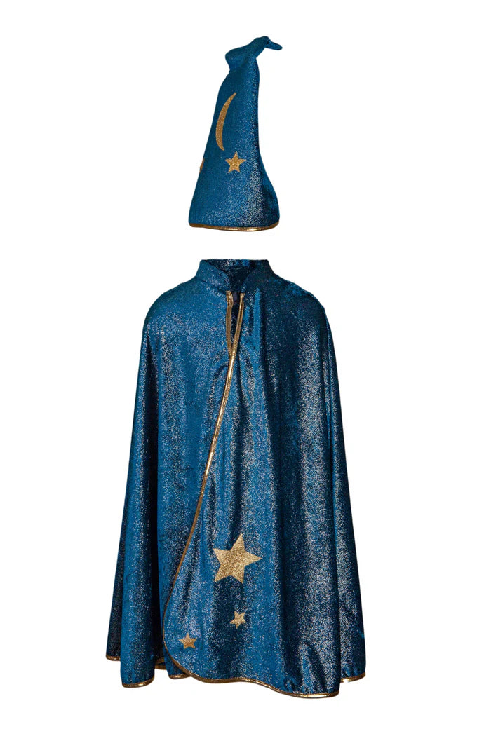 This premium quality Wizard Cape and Hat is sure to cast the magic spell on all around! Soft and comfortable, designed to look like the mysterious midnight sky with stars and moon decals, this is the perfect cape to encourage everyday creative play!