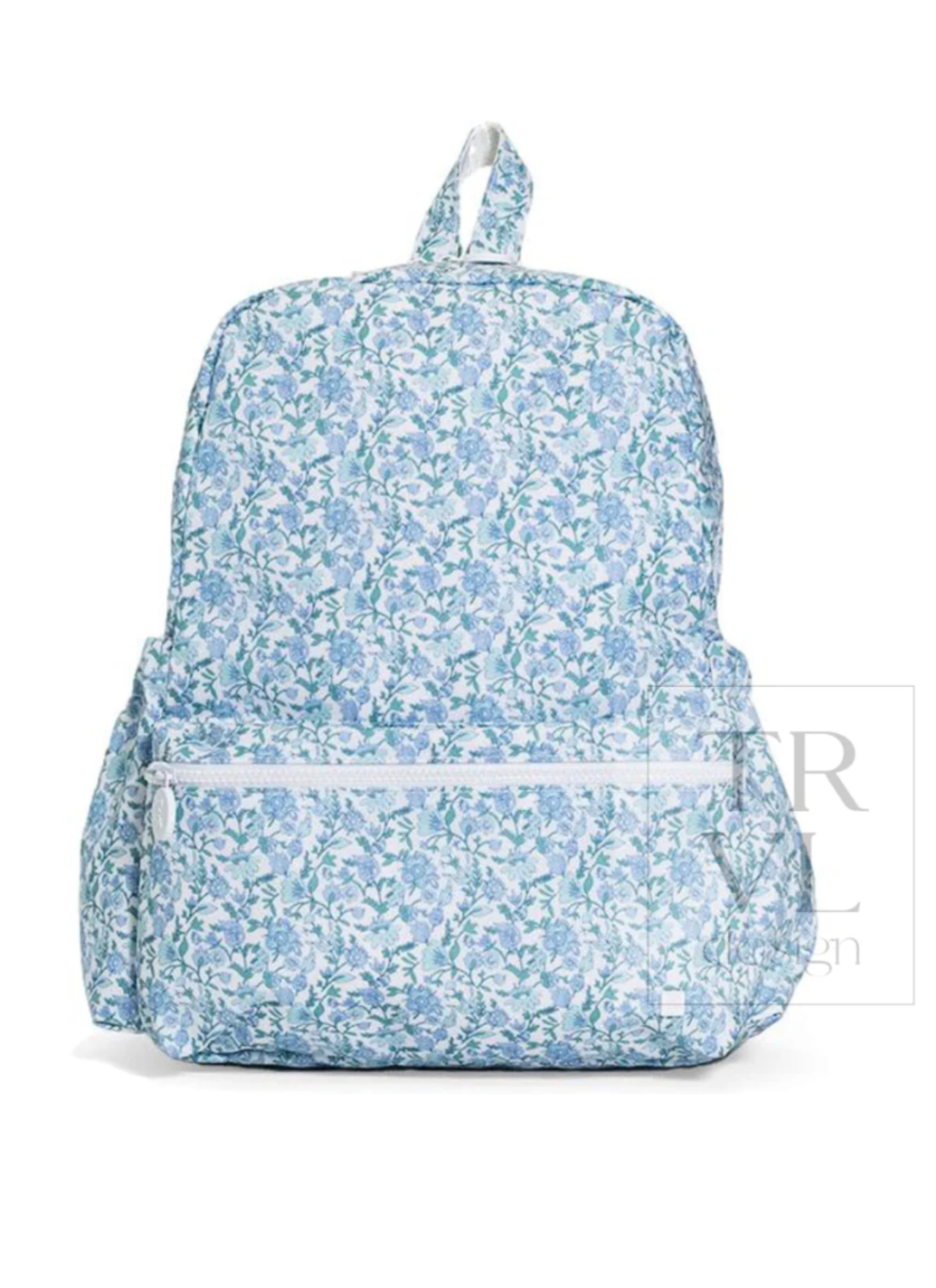 Light blue floral-patterned backpack on a white background