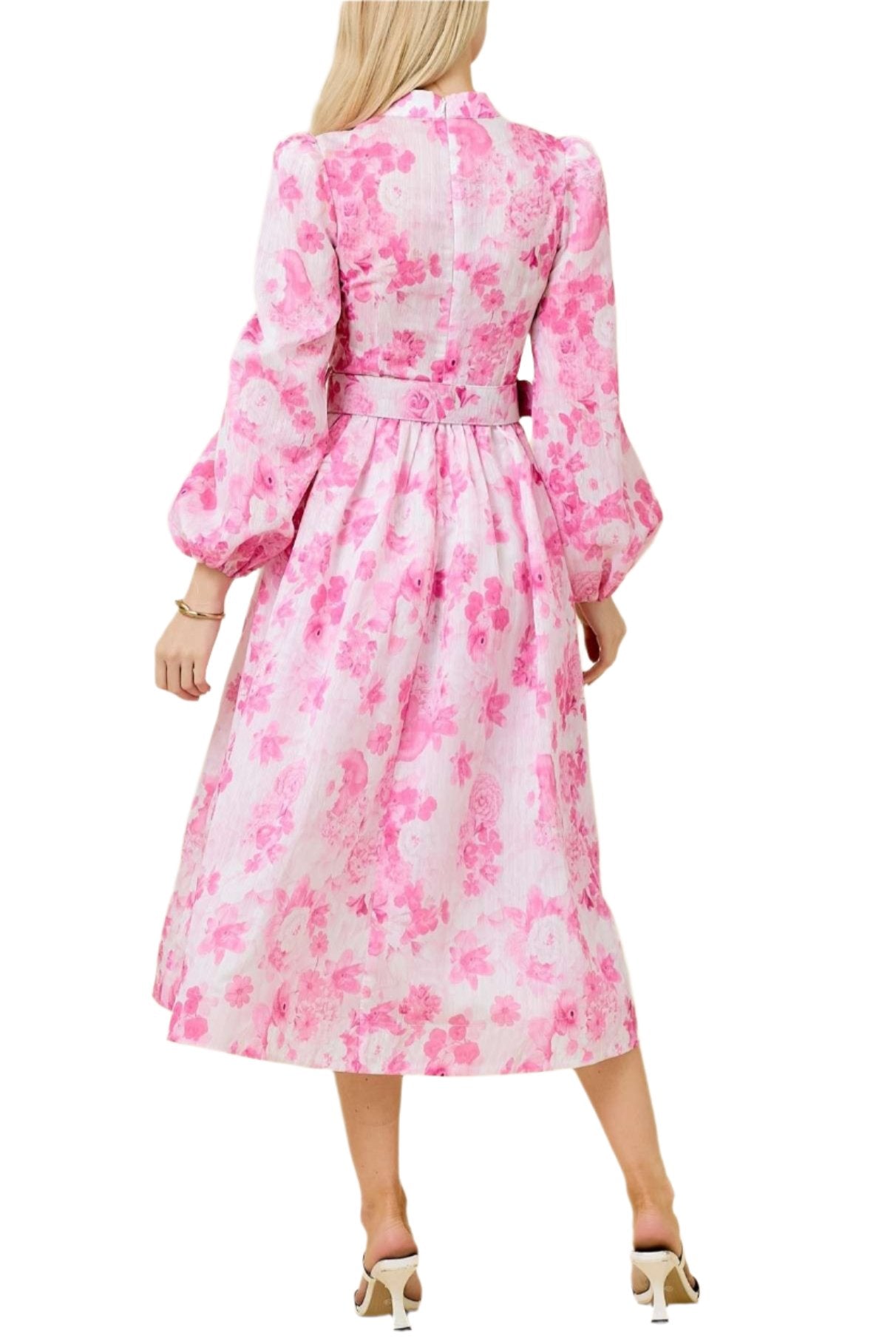 Floral Printed Mock Neck Button Down Midi Puff Sleeve Dress With Matching Belt