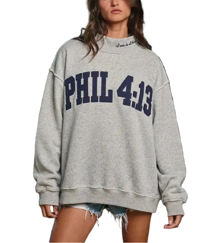 PHIL 4:13 Mock-Neck Sweatshirt
- Premium cotton blend fabric with a soft brushed lining for ultimate warmth and comfort.
- Unique mock-neck design featuring delicate script embroidery for a sophisticated touch.
- Bold &