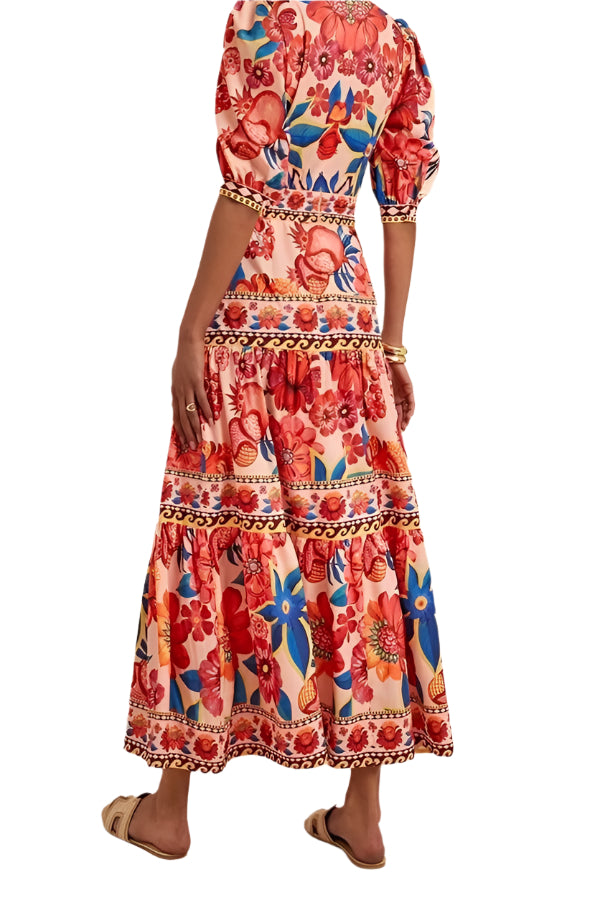 Floral Short Puff Sleeve Maxi Dress