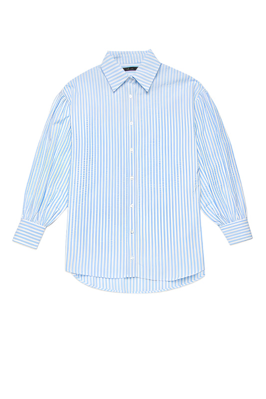 Polycotton gingham shirt with lapel collar and long puff sleeves with buttoned cuffs. Longer at the back. Front button closure.

Polycotton gingham shorts with elasticized waistband and drawstrings. Side pockets