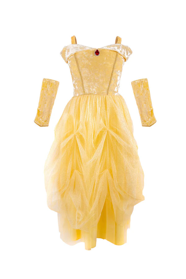 This dress is&nbsp;a magical design inspired by classic fairytale elegance! The luxurious velvet bodice feels soft and regal, complete with a sparkling red gemstone at the center, just like a treasured enchanted rose. Sleeves add extra drama and perfectly tie the royal look together.&nbsp;The skirt flows in layers of beautifully ruched tulle, matching the rich tone of the bodice. Every twirl reveals depth, volume, and graceful movement, royally approved for ballroom spins and castle adventures alike!
