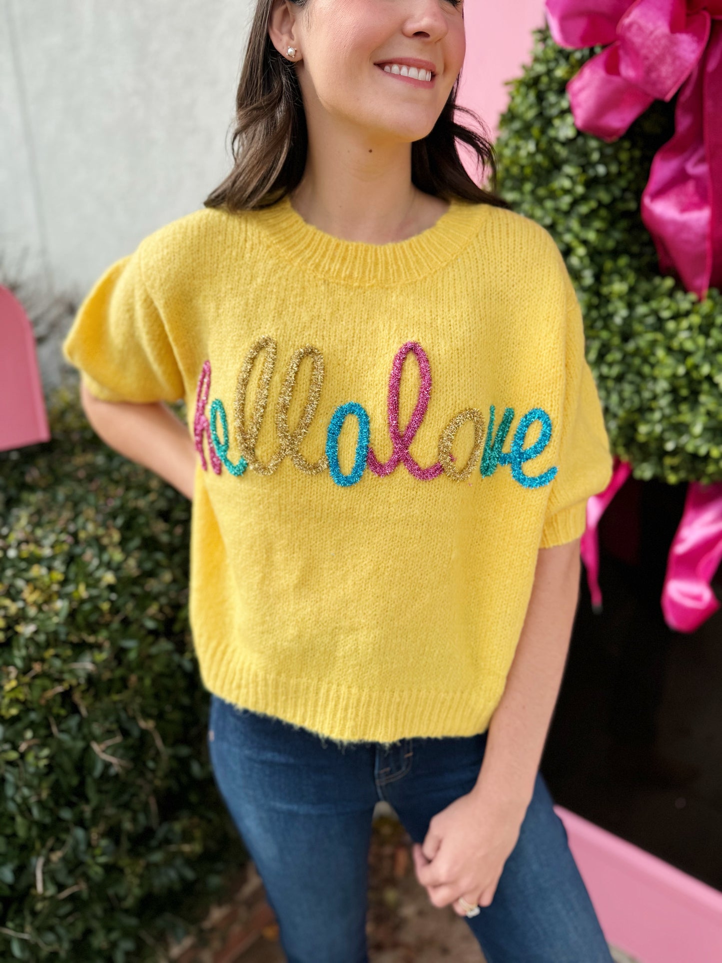 Hello Love Tinsel Sweater, short sleeve sweater with different colored tinsel that says “hello love” 
