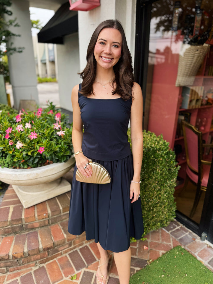 Marli Square Neck Pleated Midi Dress in Blue Black