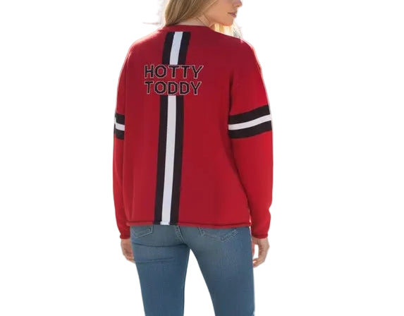 Rep the Rebels in style in our RED Ole Miss sweater. A must have for any Hotty Toddy fan. Featuring the classic OLE MISS logo on the front and HOTTY TODDY on the back in the stripe break. Perfect for Grove tailgates, game days or just showing your Rebels spirit every day! Available on our site. Proud to be officially licensed. 