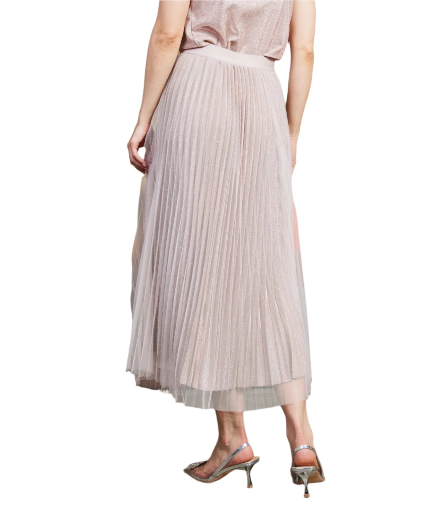 This pleated lurex midi skirt is overlaid with sheer, delicate mesh for an ethereal look. The pull-on style has a comfortable elastic waistband and raw hems that land at shin length.