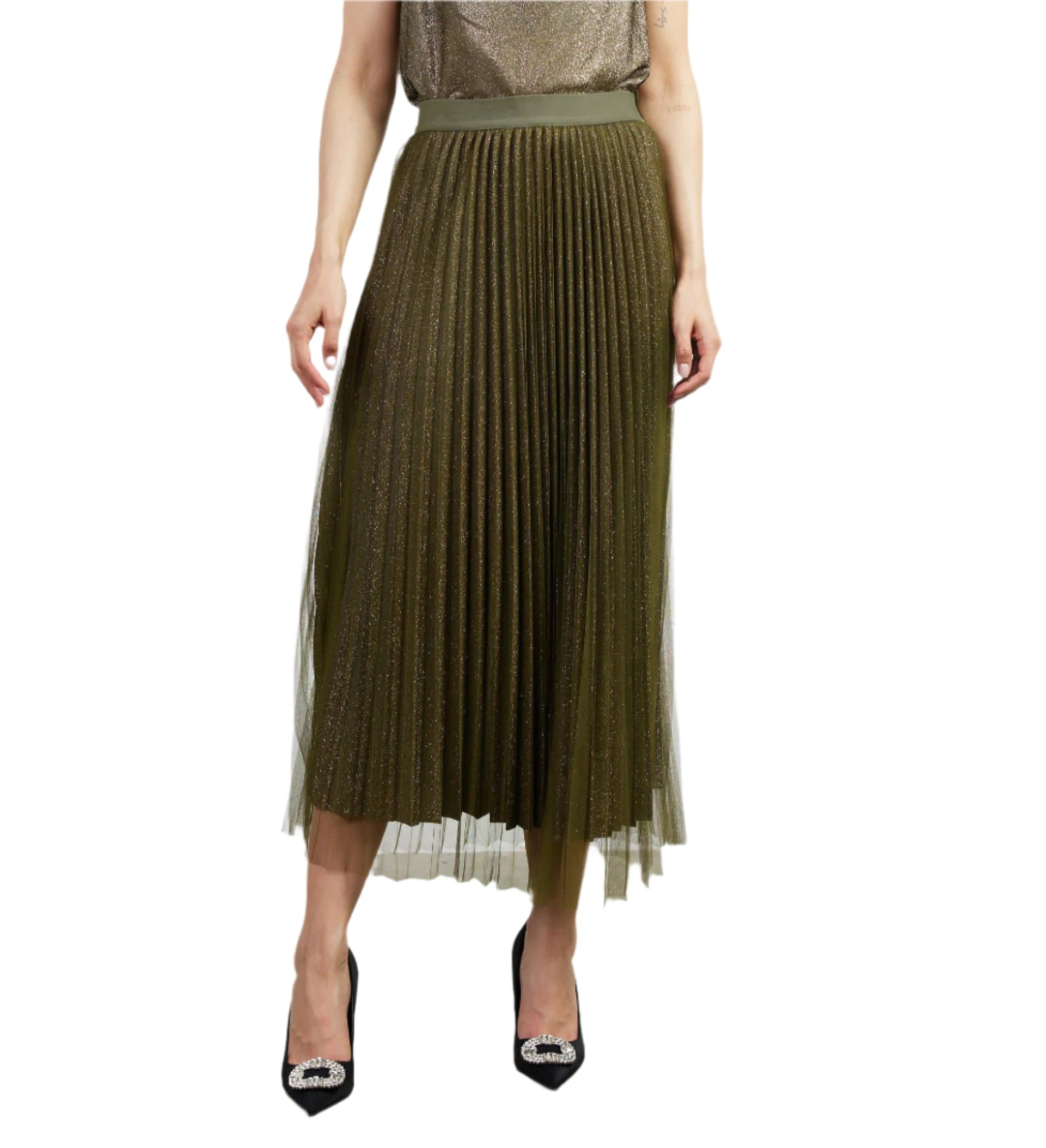 This pleated lurex midi skirt is overlaid with sheer, delicate mesh for an ethereal look. The pull-on style has a comfortable elastic waistband and raw hems that land at shin length.