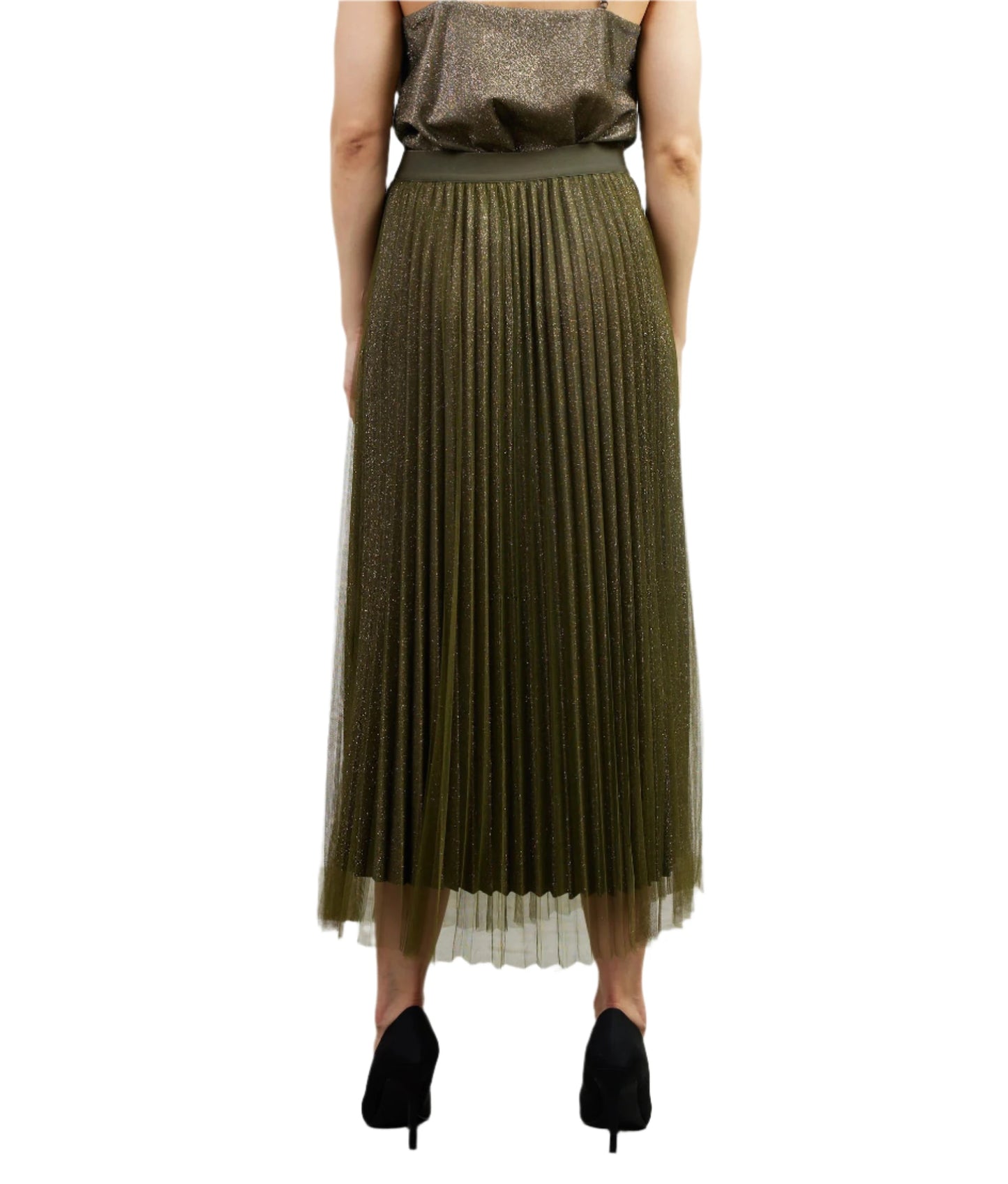 This pleated lurex midi skirt is overlaid with sheer, delicate mesh for an ethereal look. The pull-on style has a comfortable elastic waistband and raw hems that land at shin length.