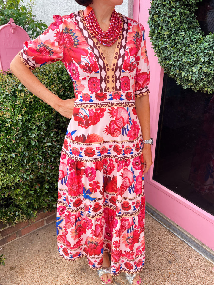 Martha Floral Print Dress in Red Multi
