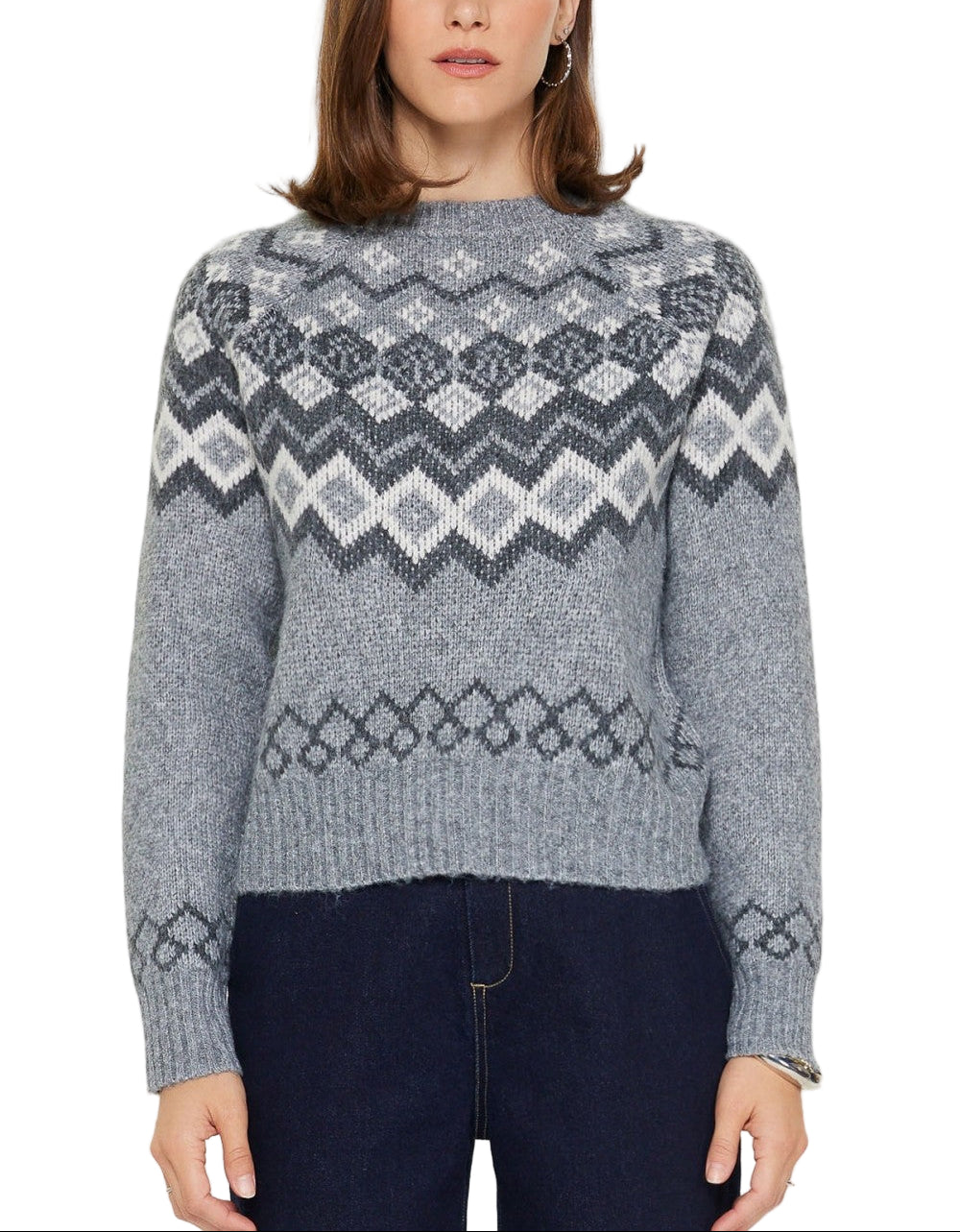 Cozy up in timeless style with the Lane Fair Isle Sweater, featuring a charming geometric pattern in soothing smoke blue tones. This classic knit blends traditional fair isle craftsmanship with modern comfort, making it perfect for layering through crisp autumn days or standing solo when temperatures drop. The intricate multi-color design adds visual interest to any outfit, while the soft, breathable fabric keeps you feeling great all day long. 