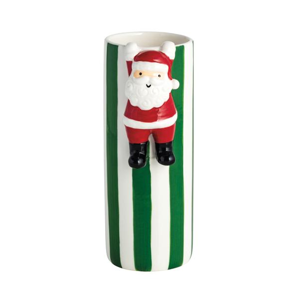 Add a touch of festive charm to your home with this delightful Hanging Santa Bud Vase. Crafted from high-quality stoneware, this vase showcases a beautifully hand-painted Santa attachment that brings a whimsical holiday spirit to any room. Measuring 6 1/2 inches in height and 2 1/2 inches in diameter, it's the perfect size for displaying your favorite seasonal blooms or greenery. Whether hung on a wall or placed on a tabletop, this unique piece adds a cheerful accent to your holiday decor. Ideal for gifting