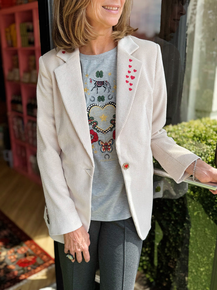 Ecru Corduroy Blazer with Equestrian Embroidery