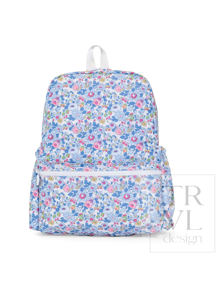 Floral patterned backpack on a white background