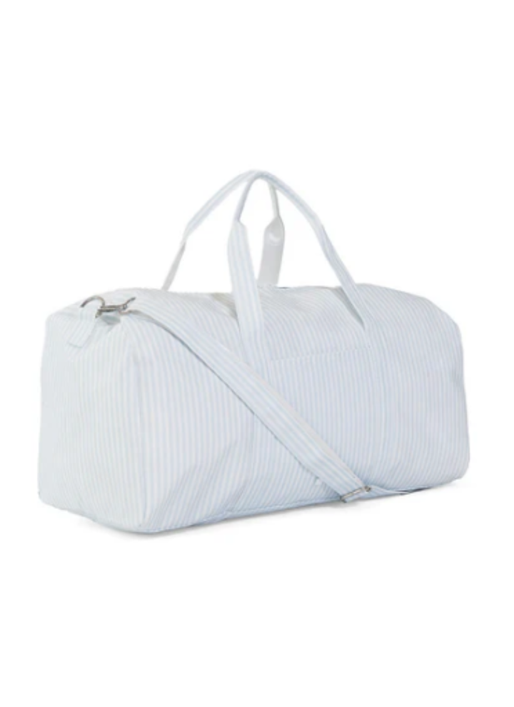 White duffel bag with blue stripes on a white background